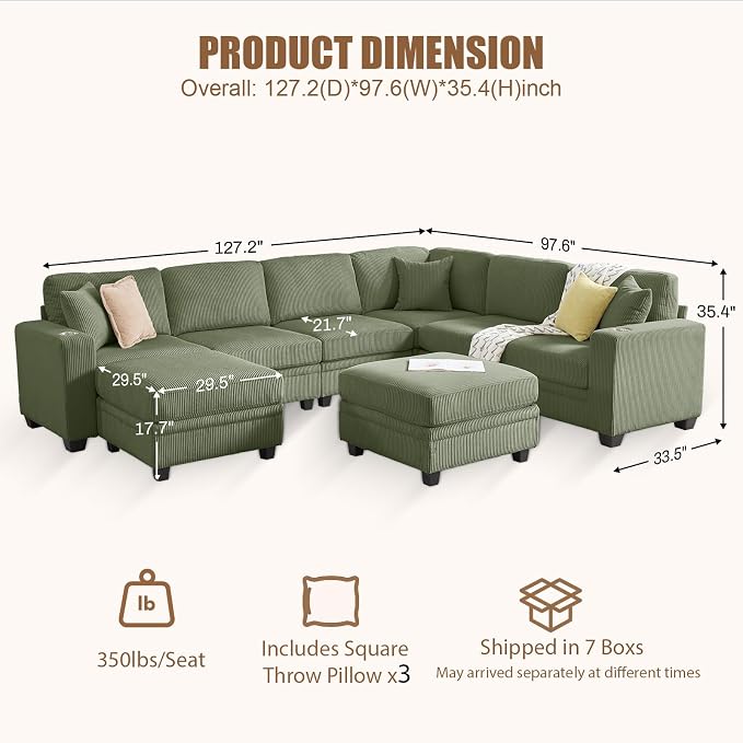127" Modular Sectional Sofa with Storage, Corduroy 8-Seater V-Shaped Sofa with Ottoman Chaise, Convertible L-Shaped U-Shaped Cloud Sectional Couches for Living Room, Apartment