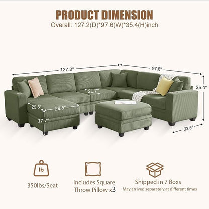 127" Modular Sectional Sofa with Storage, Corduroy 8-Seater V-Shaped Sofa with Ottoman Chaise, Convertible L-Shaped U-Shaped Cloud Sectional Couches for Living Room, Apartment