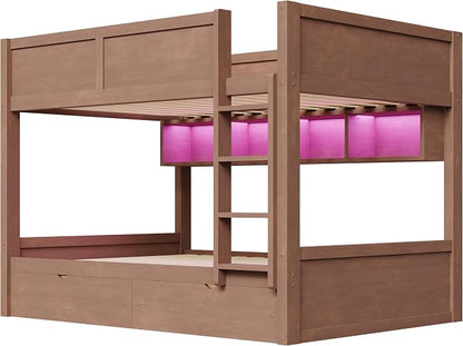 Wood Bunk Bed Full XL over Full XL Size with Built-in Storage Cabinets, 2 Drawers and LED Light, Versatile Bunk Bed Frame with Ladder and Guardrail for Kids Teens Adult, Maximize Space (Brown-1.13)