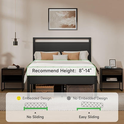 Z-hom Full Metal Bed Frame with Wooden Headboard and Footboard, Heavy Duty Platform Frame with Metal Slats, No Box Spring Needed, Quiet and Non-Slip Design, Space Saving Bed Frame for Bedroom,Black