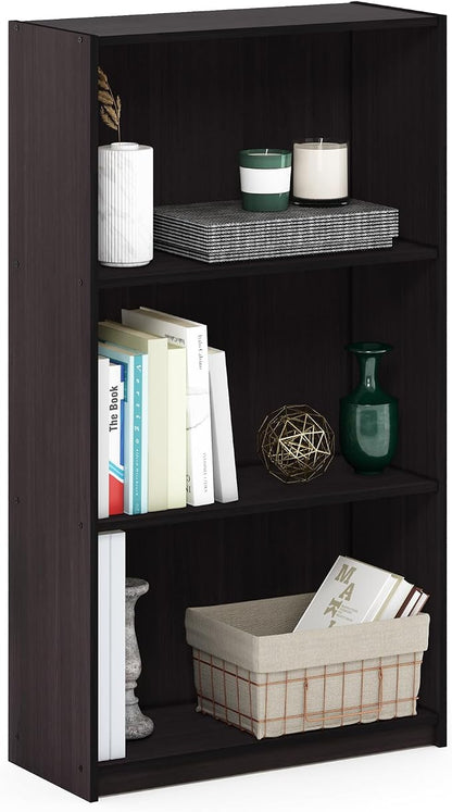 Furinno BASIC Book Shelf, 3-Tier Modern Bookshelf, Bookcase with Open Shelves, 9.3" x 21.8" x 39.5", for Living Room, Bedroom, Home Office, Dark Walnut