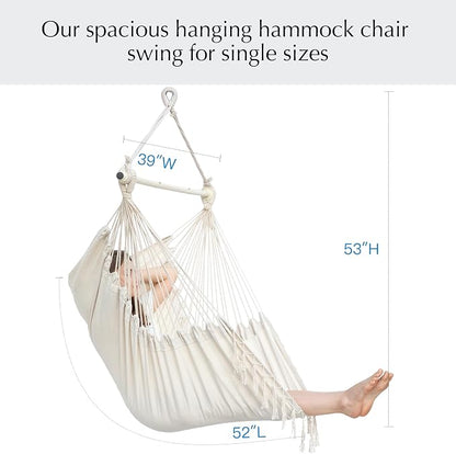 PNAEUT Hammock Chair with Tassel Hanging Rope Swing for Outside Indoor for Bedroom, Outdoor, Patio (Natural with Tassels)