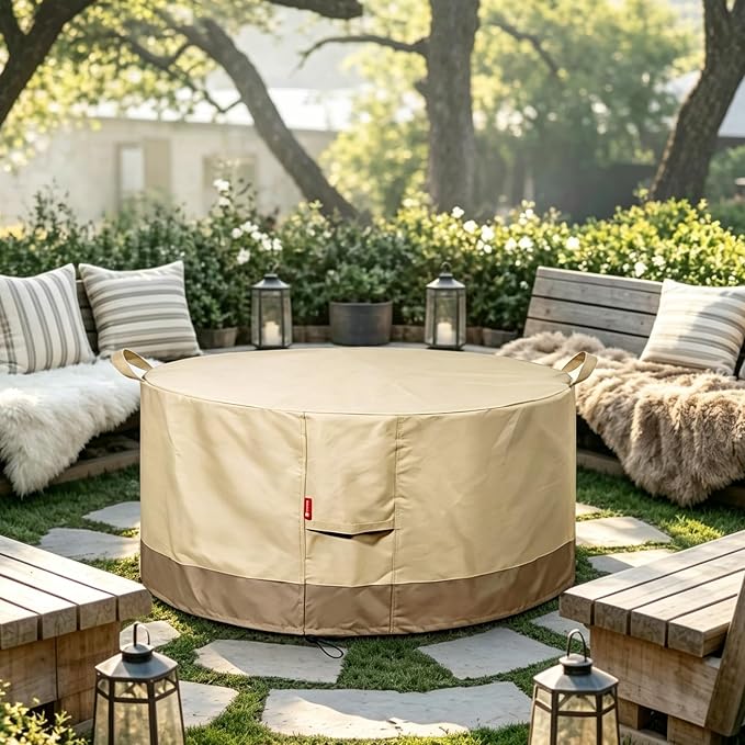 SheeChung Fire Pit Cover Round 22" D x 16" H,Waterproof 600D Material,Beige | Fits Solo Stove Bonfire,PVC Inner Coating,Heavy Duty Outdoor Fire Pit Cover,Tear & Fade Resistant,Fits 18"-22" Gas Fire Pit