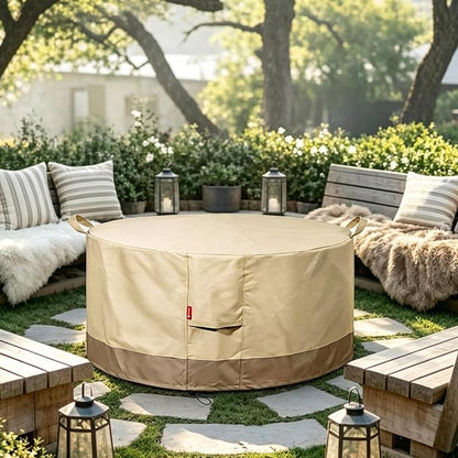 SheeChung Fire Pit Cover Round 28" D x 18" H,Waterproof 600D Material,Beige | Fits Solo Stove Yukon,PVC Inner Coating,Heavy Duty Outdoor Fire Pit Cover,Tear&Fade Resistant,Fits 24"-28" Smokeless Firepit
