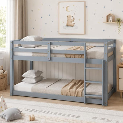 Twin Over Twin Bunk Bed, Low Profile Wooden Frame for Kids Bedroom, Floor Bunk with Ladder and Guardrails, Rubber Wood Construction, 13 Plywood Slats, No Box Spring Needed (Grey)