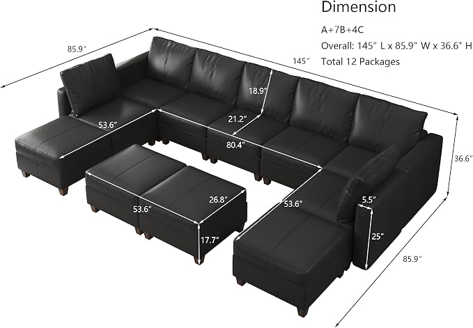 EASE MOOSE Faux Leather Sectional, Large Modular Sofa Couch U Shaped Sectional Couch with Storage Ottomans, Black