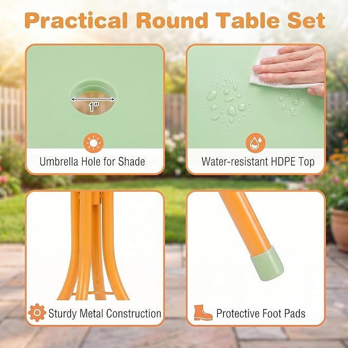 HONEY JOY Kids Picnic Table, Animal Themed Toddler Outdoor Table and Chair Set, 2 Folding Chairs & Removable Umbrella, Children Outdoor Furniture for Backyard Patio Garden (Green Tiger)