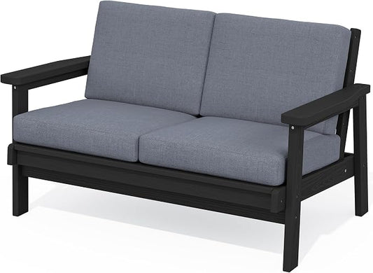 SERWALL HDPE Outdoor Patio Loveseat, All Weather Wood-Like Outdoor Sofa HDPE Outdoor Furniture, Black Frame and Grey Cushion