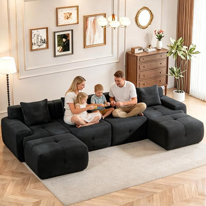 135" Cloud Couch Sectional with 2 Ottoman, U-Shaped Boneless Sofa,Modern Modular Couch, Pineapple Grid Fabric with Foam & Spring Filling for Living Room, No Assembly Required (Black, 4seates)