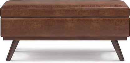 SIMPLIHOME Owen Lift Top Coffee Table Storage Ottoman - 42 inch Wide Upholstered Vegan Leather Rectangular Lift-Top Ottoman in Distressed Saddle Brown, Mid-Century Modern Ottoman for Living Room