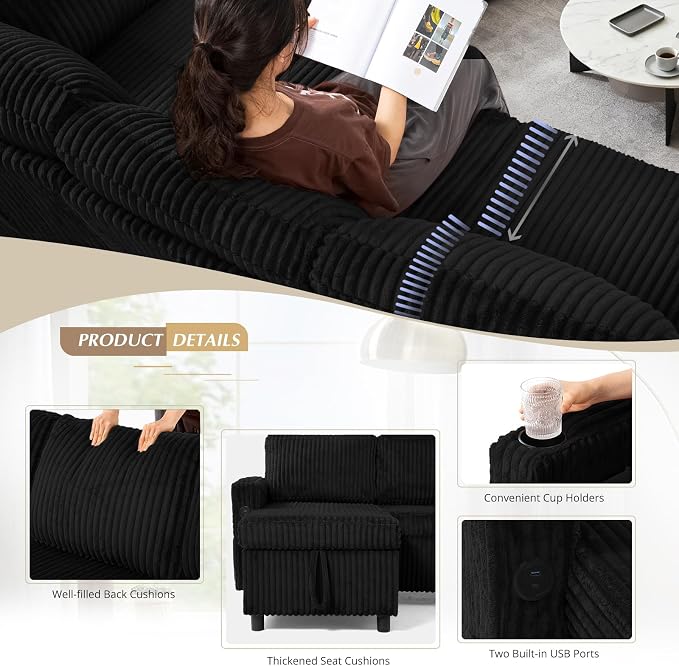 110" Corduroy U-Shape Sofa Bed with Adjustable Backrests, Upholstered Pull Out Sofa Bed with USB Ports, Convertible Sectional Sleeper Couch with Storage Chaise for Living Room, House, Black