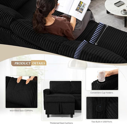 110" Corduroy U-Shape Sofa Bed with Adjustable Backrests, Upholstered Pull Out Sofa Bed with USB Ports, Convertible Sectional Sleeper Couch with Storage Chaise for Living Room, House, Black