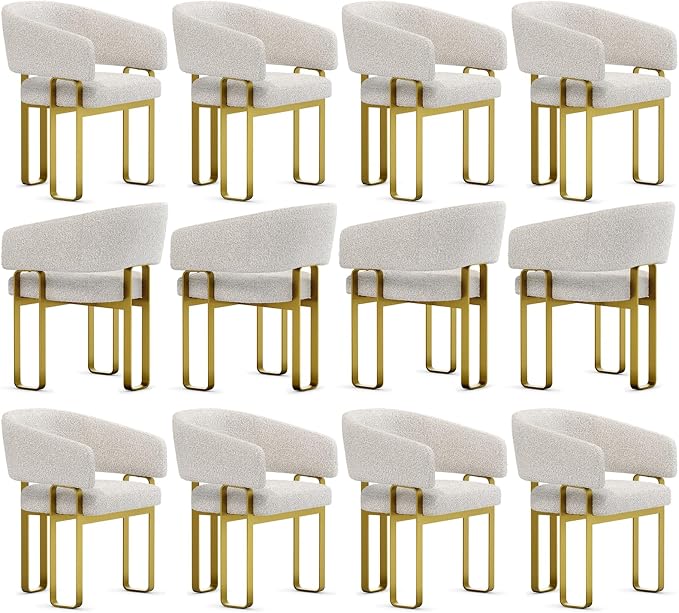 Boucle Dining Chairs Set of 12, Off White and Gold Dining Room Chairs with Arms for Kitchen, Luxury Side Chairs with U-Shaped Brushed Gold Metal Legs