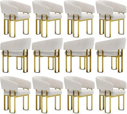 Boucle Dining Chairs Set of 12, Off White and Gold Dining Room Chairs with Arms for Kitchen, Luxury Side Chairs with U-Shaped Brushed Gold Metal Legs