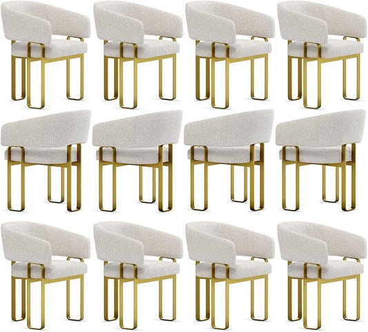 Boucle Dining Chairs Set of 12, Off White and Gold Dining Room Chairs with Arms for Kitchen, Luxury Side Chairs with U-Shaped Brushed Gold Metal Legs