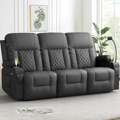 3 Seater Recliner Sofa, Home Theater Seating with Storage & Pocket, 3 Seat Reclining Couch with USB Ports & Phone Holders, Wall Hugger RV Sofa Furniture Loveseat Recliner Couch