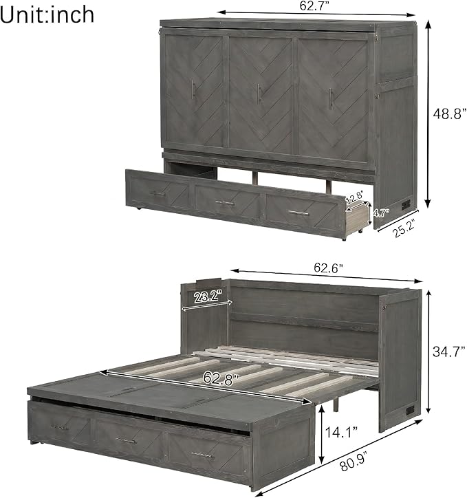 Bellemave Queen Size Murphy Bed with Charging Station and Storage, Farmhouse Murphy Bed with Foldable Panel for Guest Bedroom, Living Room, Office, Grey