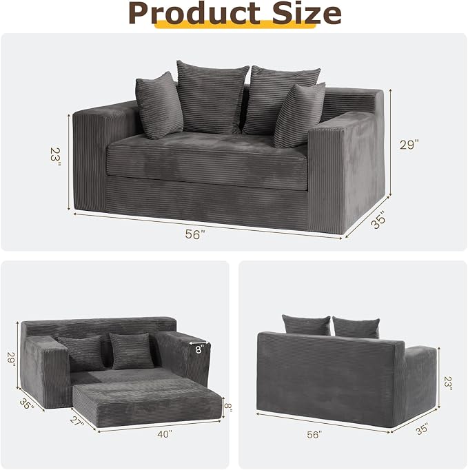 cidludto Convertible Sofa Bed, 3 in 1 Loveseat Folding Couch Bed Foldable - Boneless Couch & Floor Futon, Corduroy Pull Out Sofa Bed with 4 Pillows for Living Room, Grey