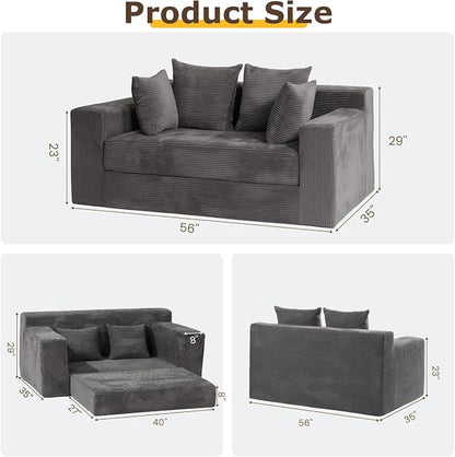 cidludto Convertible Sofa Bed, 3 in 1 Loveseat Folding Couch Bed Foldable - Boneless Couch & Floor Futon, Corduroy Pull Out Sofa Bed with 4 Pillows for Living Room, Grey