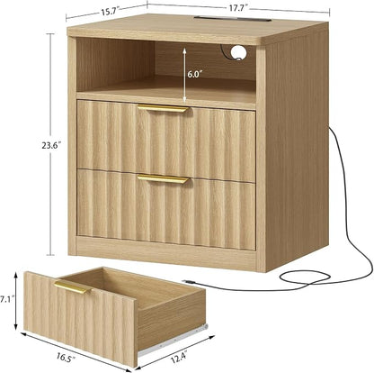 TEENFON Fluted Nightstands Set of 2, Night Stand with Charging Station and LED Light, Storage Drawer and Open Shelf, Modern Bedside Table for Small Space, for Bedroom, Natural