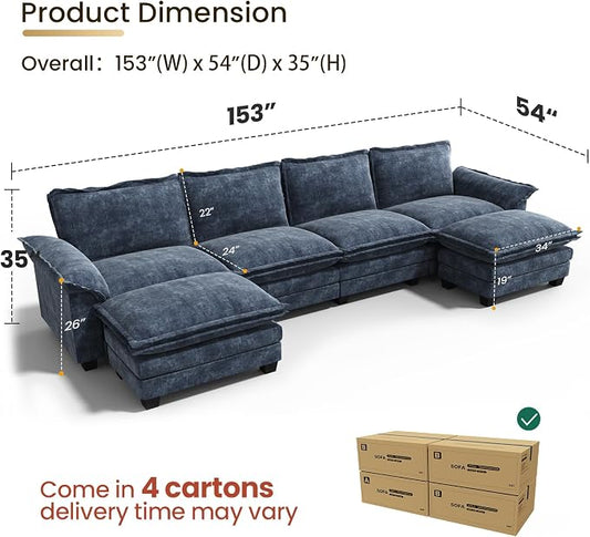 KKL U-Shaped Modular Sectional Sofa, 6 Seater Cloud Couch with Ottoman, Chenille Sectional Couches for Living Room, Apartment, Blue