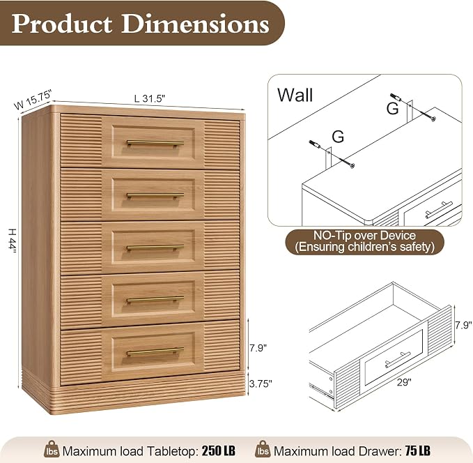 RECHHX Farmhouse 5 Drawers Dresser for Bedroom, 44" Tall Modern Chest of Drawers, Wooden Thermoformed Curved Dresser Organizer for Bedroom, Living Room, Natural Oak