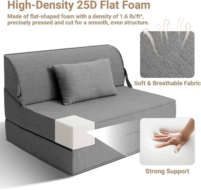 BeBen Folding Sofa Bed Chair, Convertible Sleeper Chair Futon Couch, Foldable Boneless Floor Lounge Sofa, Twin Foam Chair Bed for Small Spaces, Dorm, Guest Room, Living Room, Apartment, Dark Grey