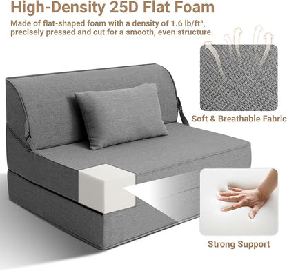 BeBen Folding Sofa Bed Chair, Convertible Sleeper Chair Futon Couch, Foldable Boneless Floor Lounge Sofa, Twin Foam Chair Bed for Small Spaces, Dorm, Guest Room, Living Room, Apartment, Dark Grey