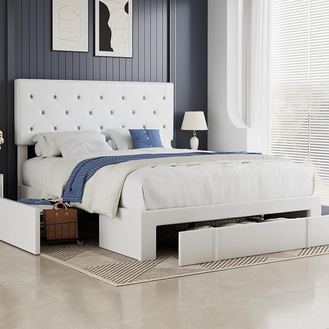 VECELO Full Size Bed Frame with 3 Storage Drawers, Leather Upholstered with Diamond Tufted Headboard, Solid Wood Slat Support & Steel Framework, PU & White