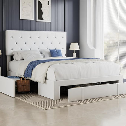 VECELO Full Size Bed Frame with 3 Storage Drawers, Leather Upholstered with Diamond Tufted Headboard, Solid Wood Slat Support & Steel Framework, PU & White