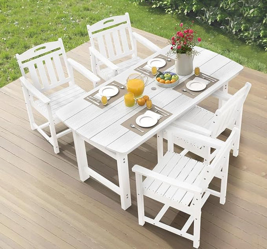 Ciokea HDPE Outdoor Dining Set, 5-Piece Patio Table and Chairs Set with Umbrella Hole, All-Weather Patio Dining Sets for 4, Durable Patio Furniture for Backyard, Garden, Lawn & Poolside, White