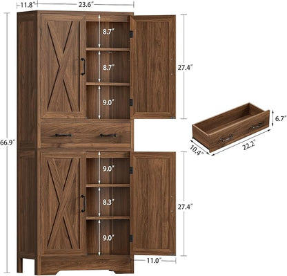 TEENFON Tall Storage Cabinet with 2 Adjustable Shelves & 1 Large Drawer, Kitchen Pantry Cabinet with 4 Doors, Bathroom Storage Cabinets, for Living Room, Kitchen, Bathroom, Walnut