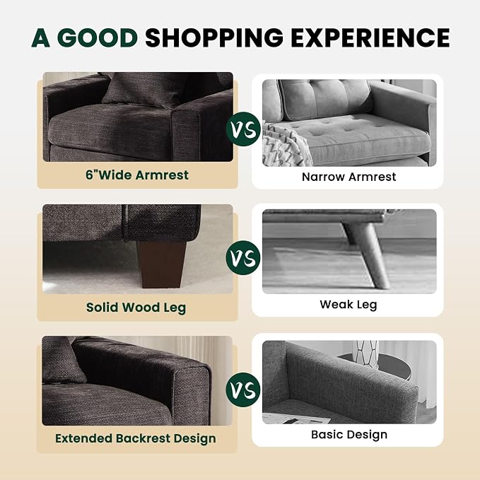 DOPEDIO Modern Living Room Sofa Set, 88.58" Chenille Loveseat with 2 Accent Chairs, Removable Covers, Spring Cushions, Solid Wood Frame, Easy Assembly（88.58inch+2 Single,Dark Grey）