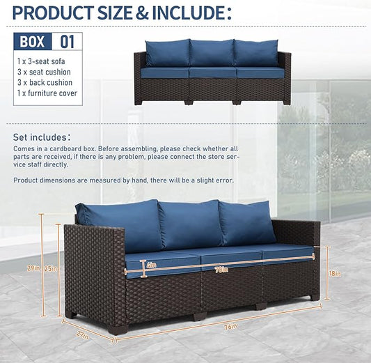 Oasishine Outdoor Couch Wicker Patio Furniture 3-seat Sofa Outdoor Furniture Deep Seat Hight Backrest Waterproof Cover Non-Slip Cushions, Navy Blue