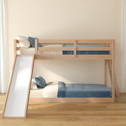 Grain & Grove Bear Twin Over Twin Bunk Bed with Slide, Low Bunk Bed Frame for Kids, Bunk with Ladder, Guardrail, and Slats, No Box Spring Required, Oak Embossed Natural