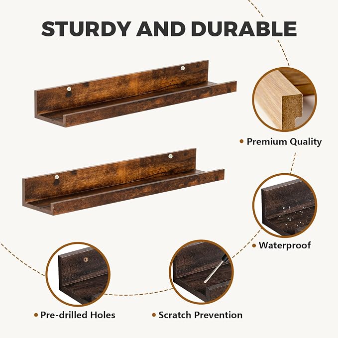Muzilife 35.4" Large Floating Wall Ledge Shelves with Lip - Set of 2 Rustic Wood Floating Shelves - Honey Brown Wall Mounted Picture Ledge for Office, Bathroom, Bedroom, Living Room, Kitchen
