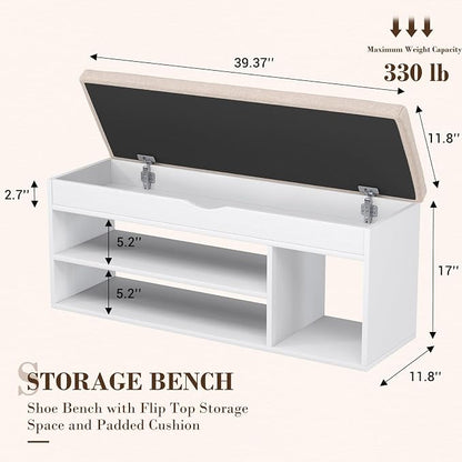 Apicizon 39 Inches Storage Bench with Padded Cushion, Shoe Bench with Storage Space, Upholstered Entryway Bench for Living Room, 2-Tier Shoe Rack Organizer, White