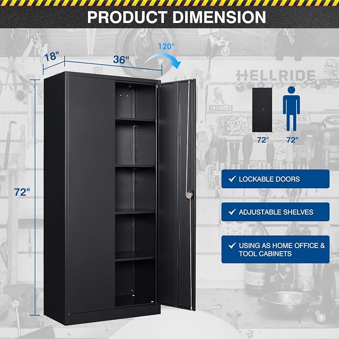 Fesbos Metal Storage Cabinet-71” Tall Steel File Cabinets with Lockable Doors and Adjustable Shelves-Black Steel Storage Cabinet for Home,Kitchen, School, Office, Garage