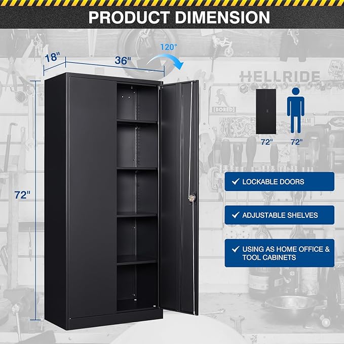 Fesbos Metal Storage Cabinet-72” Black Tall Steel File Cabinets with Lockable Doors and Adjustable Shelves-Black Steel Storage Cabinet for Kitchen, Office, Garage