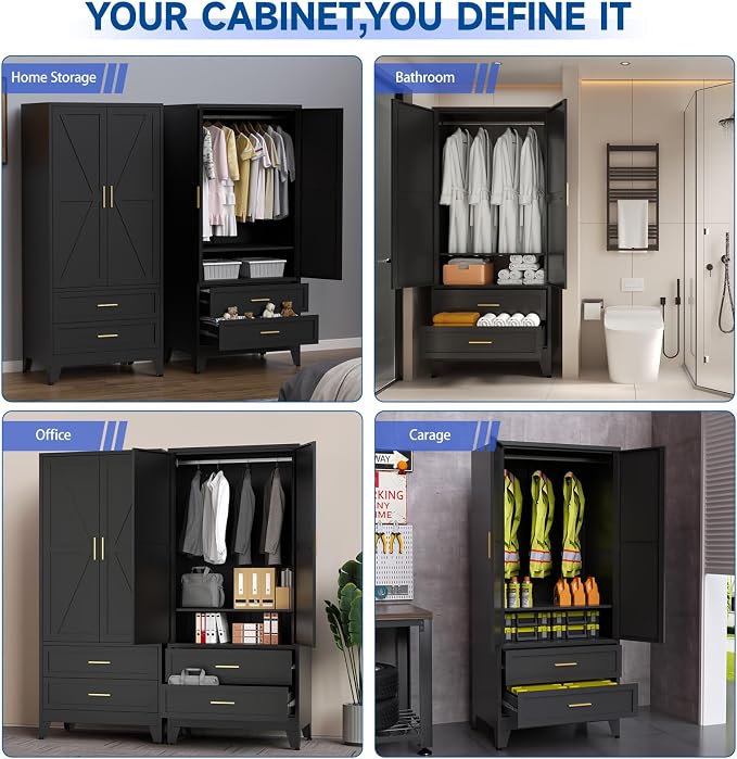 Steel Armoire Wardrobe Closet, 71" Metal Clothing Storage Cabinets with 2 Doors, 2 Drawers and 1 Adjustable Shelf, Black Wardrobe Cabinet with Hanging Rod for Bedroom, Gym