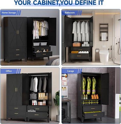 Steel Armoire Wardrobe Closet, 71" Metal Clothing Storage Cabinets with 2 Doors, 2 Drawers and 1 Adjustable Shelf, Black Wardrobe Cabinet with Hanging Rod for Bedroom, Gym