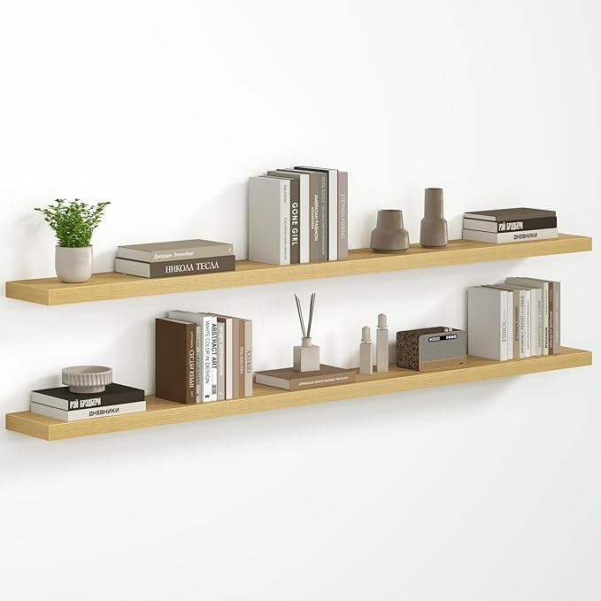 Fun Memories 72 Inch Floating Shelves - Fireplace Mantel Shelf - Deep Wall Mounted Wood Storage Shelf for Bedroom, Kitchen, Farmhouse - 2 Pack, Oak