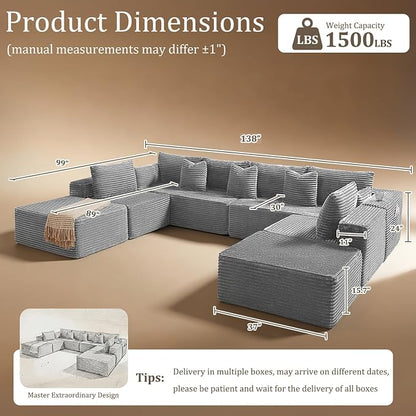 138" Cloud Sectional Couch, Comfort U Shaped Sofa for Living Room, Extra Deep Seats No Assembly, Minimalist Modular Couch, Corduroy (Light Grey, 8 Seats,U-Shape A)