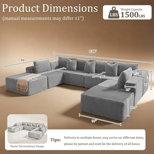 138" Cloud Sectional Couch, Comfort U Shaped Sofa for Living Room, Extra Deep Seats No Assembly, Minimalist Modular Couch, Corduroy (Light Grey, 8 Seats,U-Shape A)
