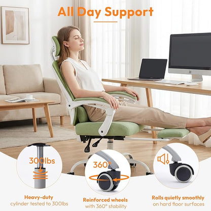 Home Office Desk Chair, Comfortable Mesh Computer Chair with Foot Rest, Reclining Gaming Chair with Headrest and Lumbar Support, 90°-130° Reclining, Light Green