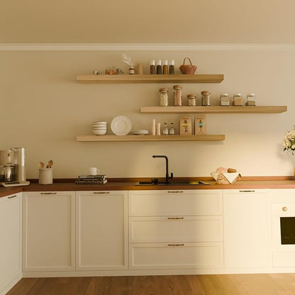 Floating Shelves for Wall, 60 Inch Extra Long Oak Floating Shelves, Set of 3, Hanging Invisible Brackets Floating Shelves for Living Room,Bedroom,and Kitchen (Light Brwon, 3T60IN)