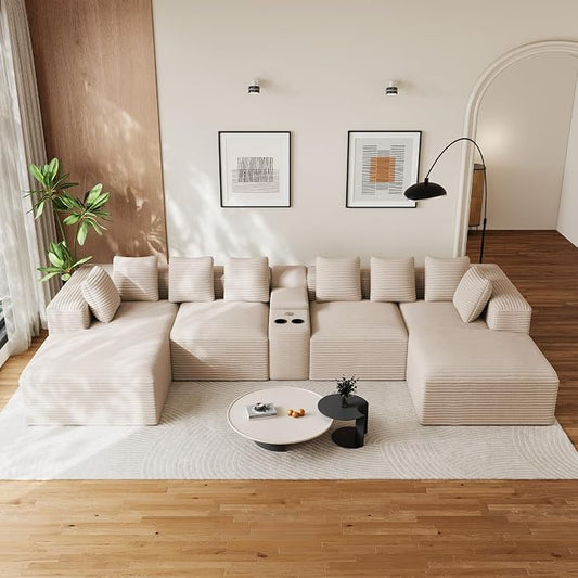 143" Oversized U Shaped Cloud Sectional Couches for Living Room, Comfy Fluffy Corduroy Beige Boneless Couch, Large Modular Sectional Sofa Set with Chaise, Cup Holder, USB Port, Storage Console