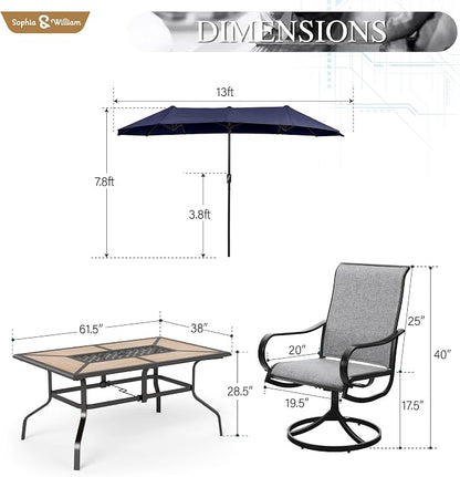 Sophia & William Patio Set with Umbrella Outdoor Dining Set for 6 with 13ft Umbrella Navy Blue, 6 x Patio Chairs Grey, 1 Wood Like Outdoor Dining Table for Deck Lawn Garden (No Umbrella Base)