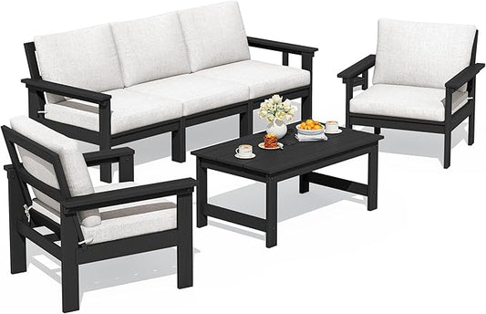 SERWALL HDPE Patio Conversation Set, 6-piece Sectional Outdoor Furniture Set, All Weather Outdoor Couch Set Patio Furniture Set for Deck, Lawn, Black Frame with Khaki Cushion