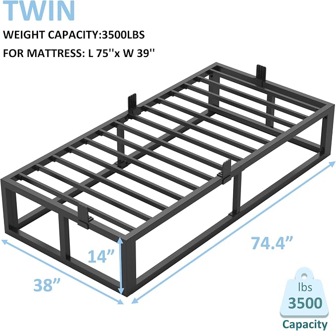 Bilily 14 Inch Twin Bed Frame with Sturdy Steel Slat Support,Heavy Duty Metal Platform Twin Size Mattress Foundation,No Box Spring Needed,Easy Assembly,Noise Free,Black